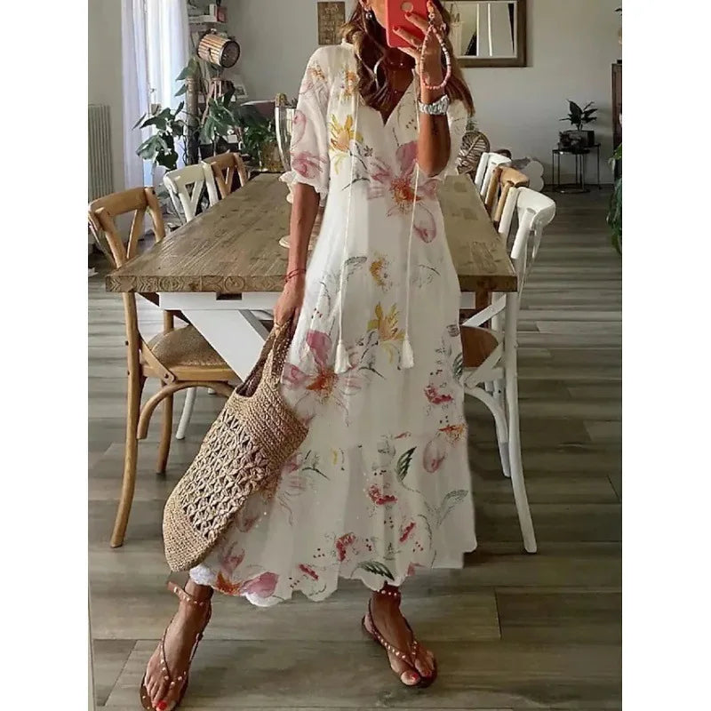 Elegant Boho Floral Print Beach Long Dresses For Women Fashion RufflesV-neck Short Sleeve Casual Sweet Loose Maxi Dress