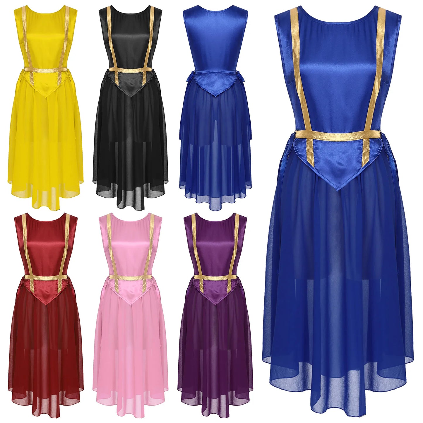 Women Liturgical Worship Dance Tunic Dress Church Praise Costume Sleeveless Lace-up Sides Split Satin Long Dress Choir Robe