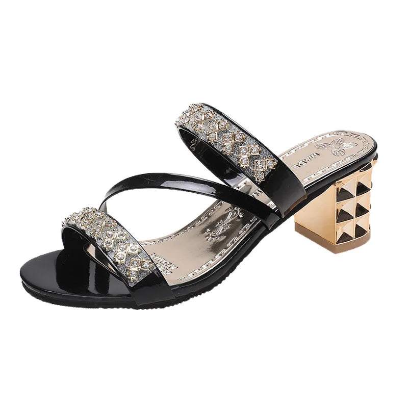 Summer New Women's Sandals Block Heels Female High Heels Rhinestones Luxury Party Shoes Slip on Women Slippers Open Toe Zapatos