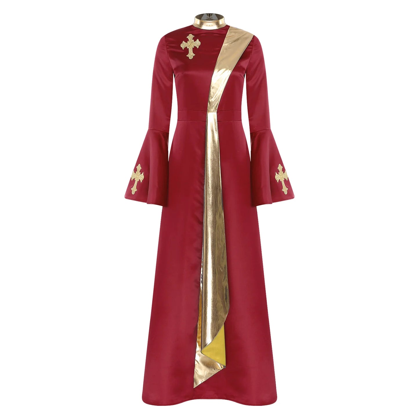 Womens Pastor Church Choir Dress Christian Priest Dress Halloween Costume Metallic Shiny Catholic Clergy Dress with Flared Cuffs