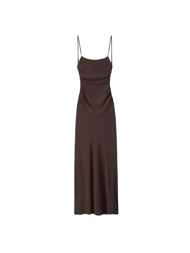 Draped Midi Dress for Women, Straight Neck, Thin Straps, Backless Female Dresses, Chic Fashion