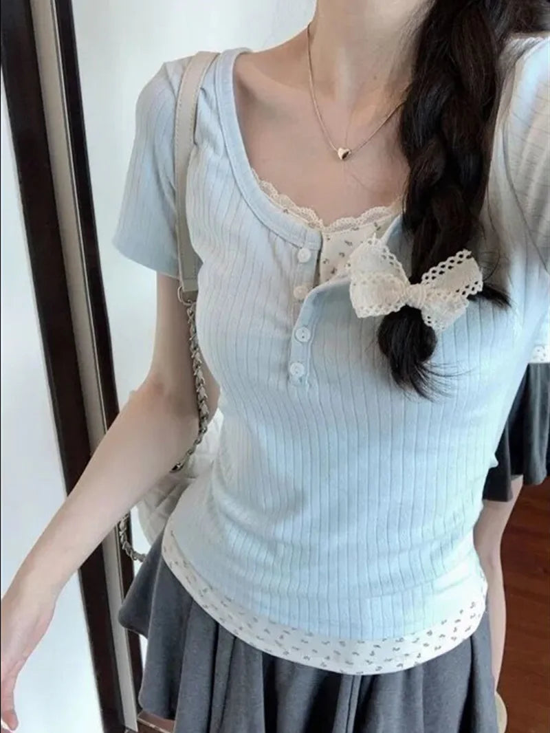 Floral Patchwork Long Sleeve T-shirt False Two-piece Lace Women Top 2025 Spring Slimming T-shirt Fashion Korean Style Clothing