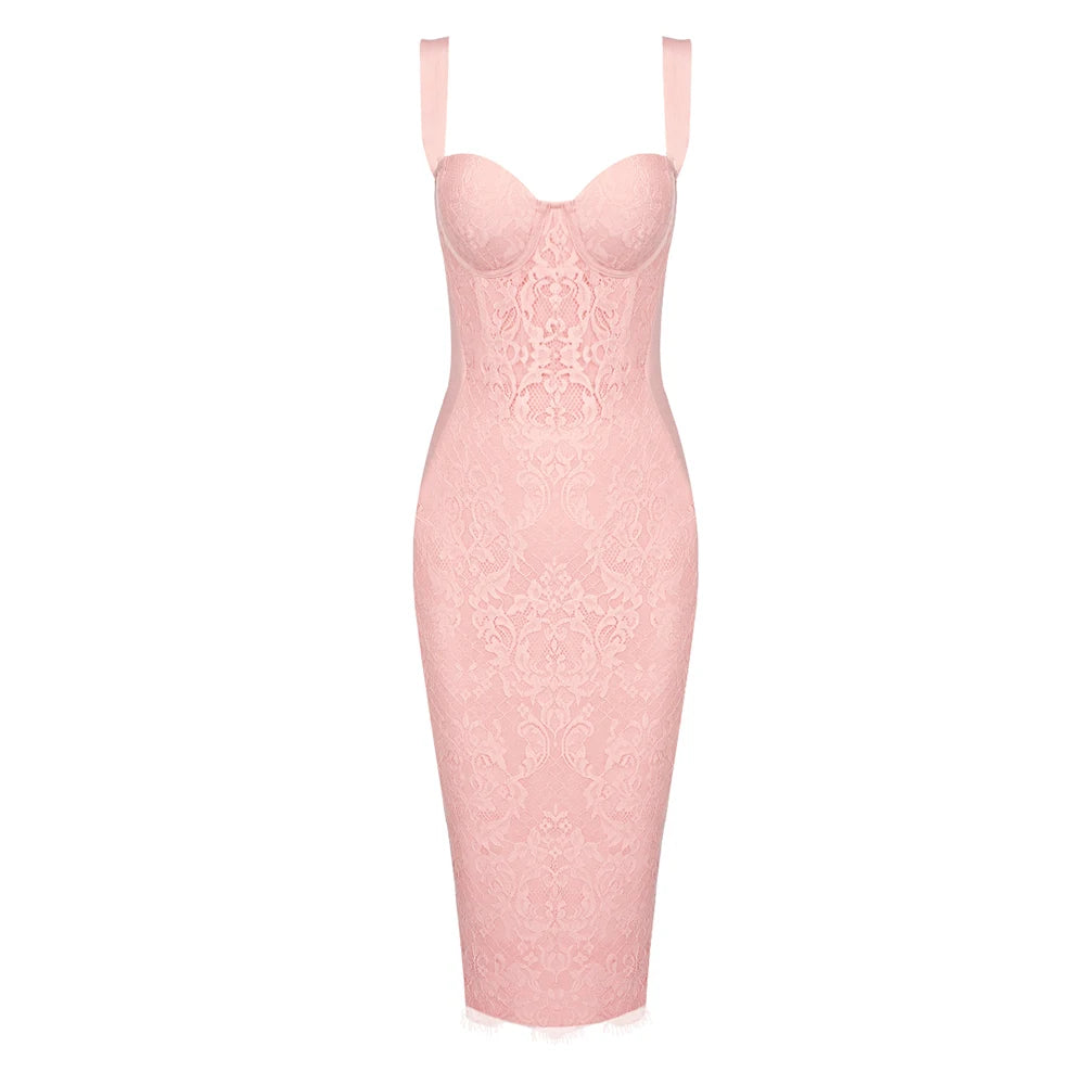 VC Midi Dresses For Women Chic And Elegant Square Collar Sleeveless Lace Patchwork Bandage Cocktail Party Vestidos