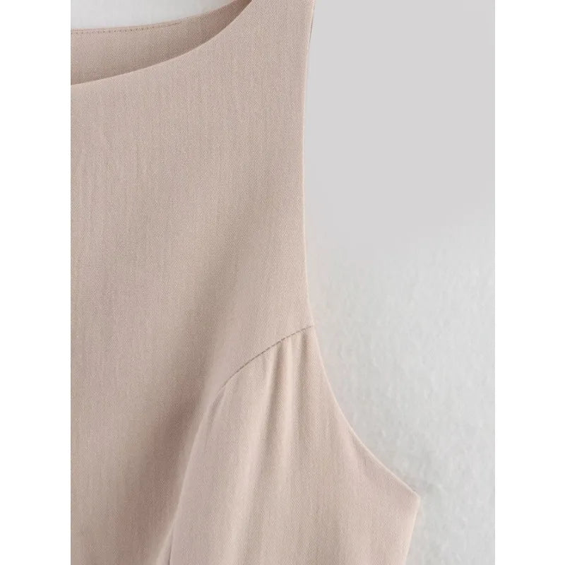Elegant Midi Dress Beige Contrast Panels Sleeveless Work Dress with Belt 2025 Spring Summer Casual Chic Outfit
