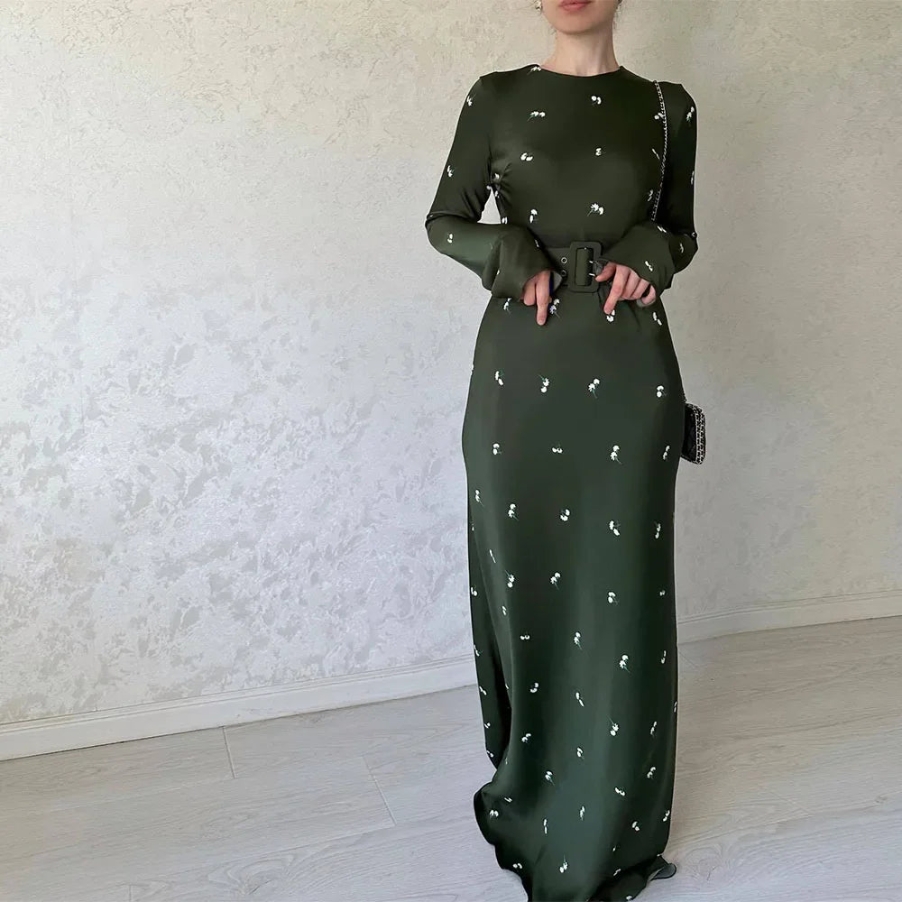 Floral Print Dresses Women Autumn Winter Long Sleeve Green Maxi Dress With Belt Female Elegant Vintage Casual Loose Long Dresses