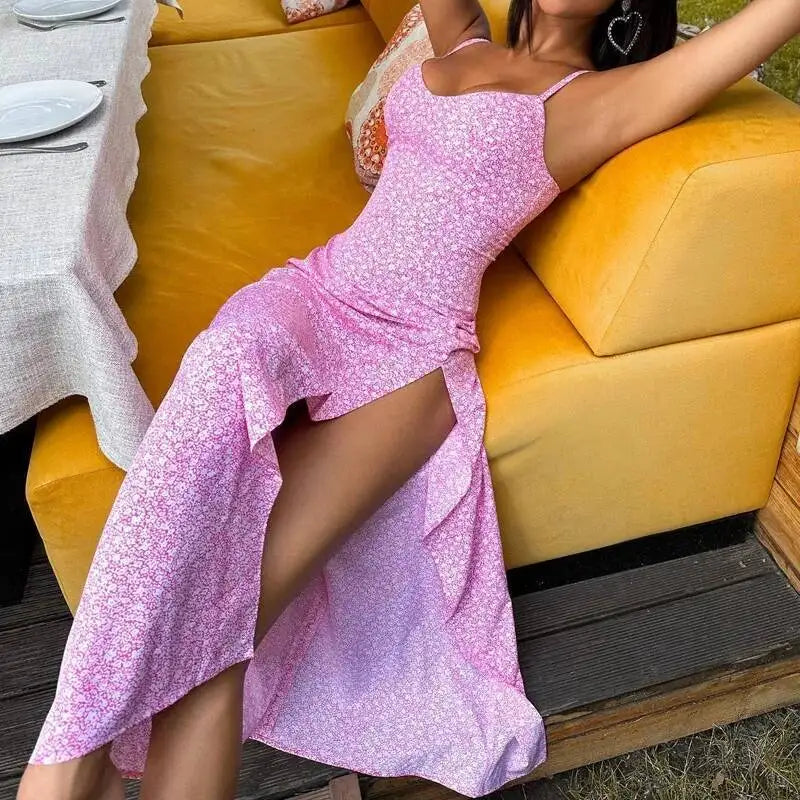 Women Sexy Split Maxi Dress Floral Printed Sleeveless Beach Party Dress Spaghetti Zip Club Dress Elegant Vestidos Summer 2SMS