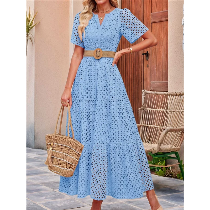 ASDS-Women's Summer Short Sleeve Maxi Dress Casual V Neck Hollow Out Eyelet Ruffle Swing A Line Long Dresses