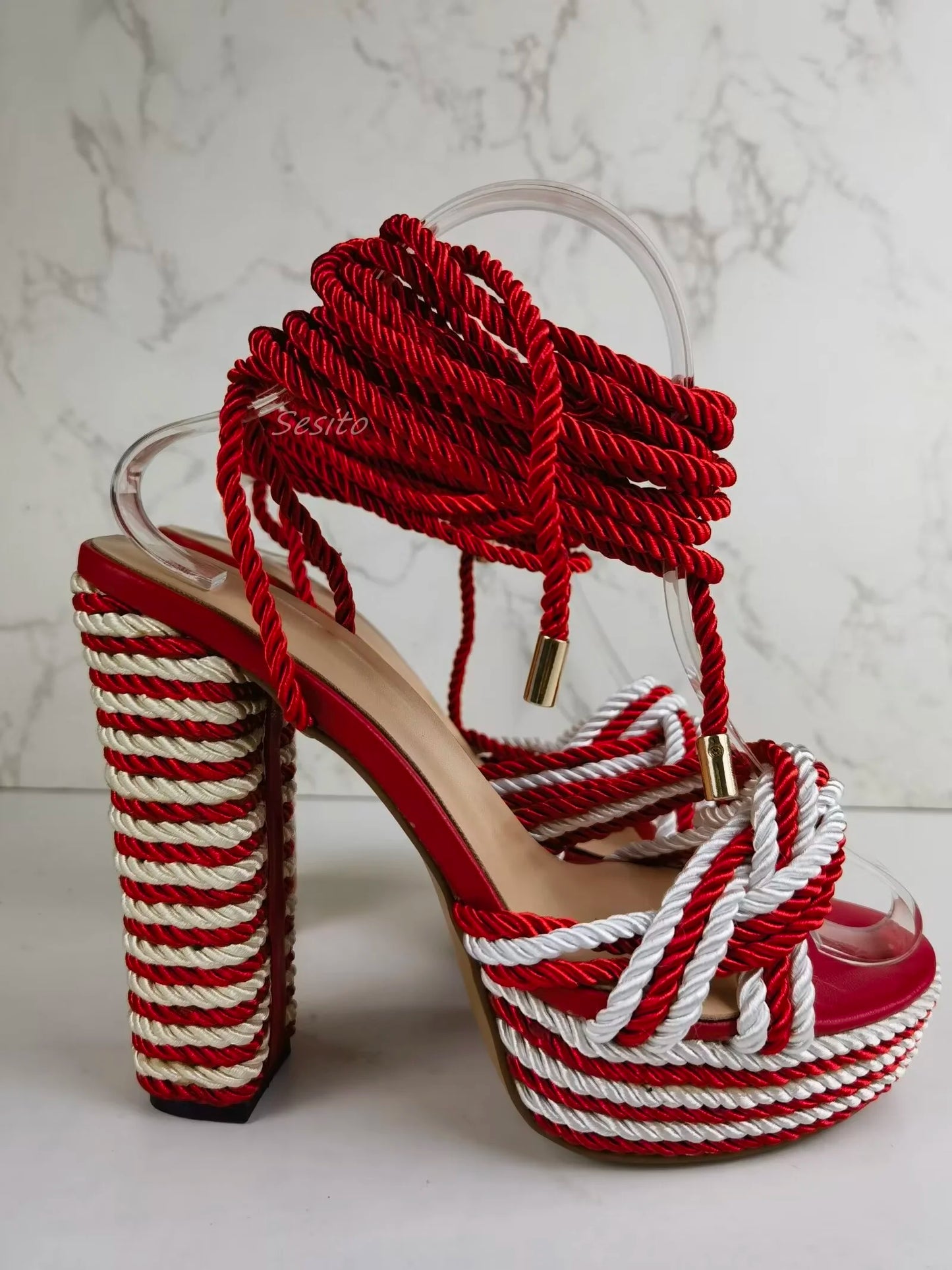 Colorful Rope Platform Sandals Block High Heels Open Toe Ankle Lace Up Fashion Women Summer Dress Party Daily Shoes Rubber Sole