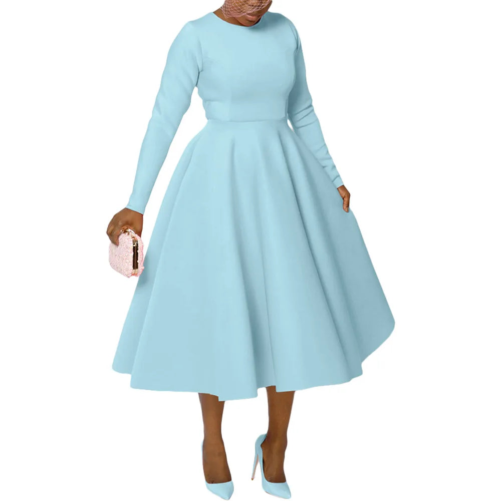Elegant Church Dresses for Woman 2025 Fall Long Sleeve O Neck High Waisted A-Line Midi Calf Party Cocktail Dress with Pockets