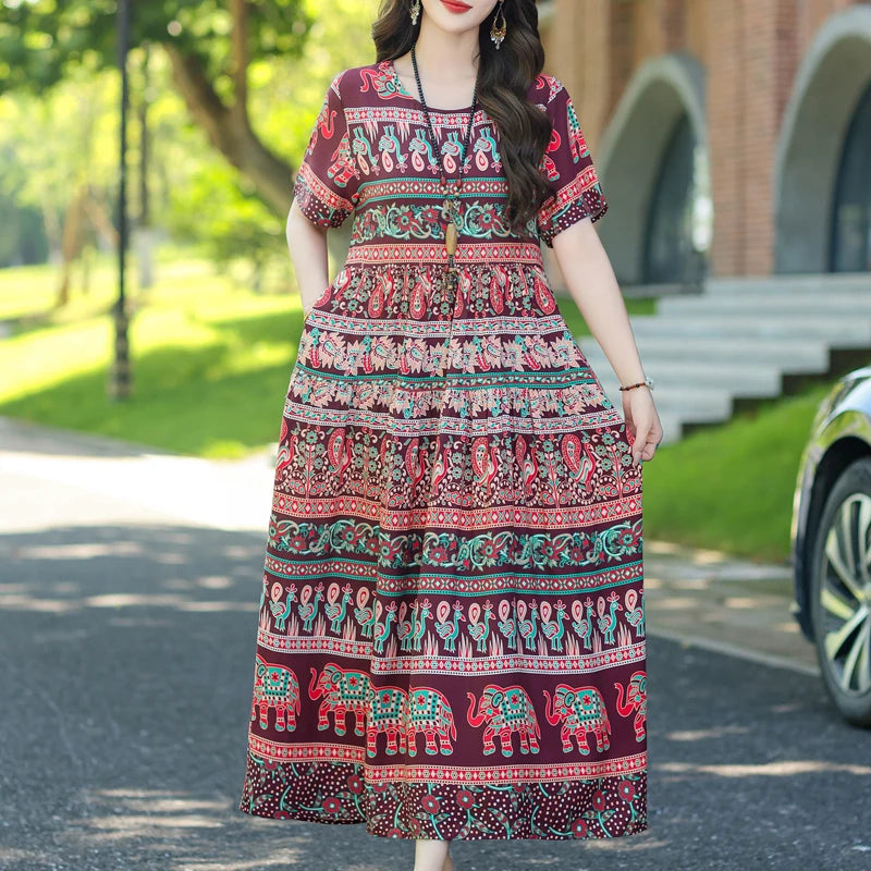 Floral Maxi Dress Backless Plus Size BohemianWomen Summer Elegant Large Hem Dresses short sleeve women clothing