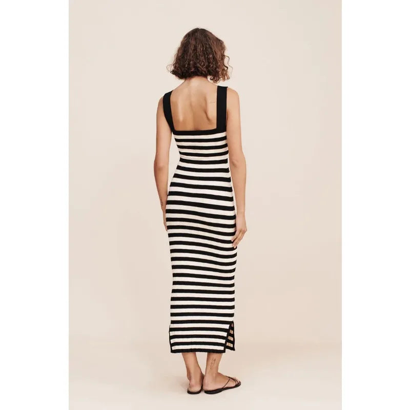 Striped High Waist Backless Maxi Dress Women Contrast Split Slim Fashion Off-Shoulder Autumn 2024 Party Dress Streetwear