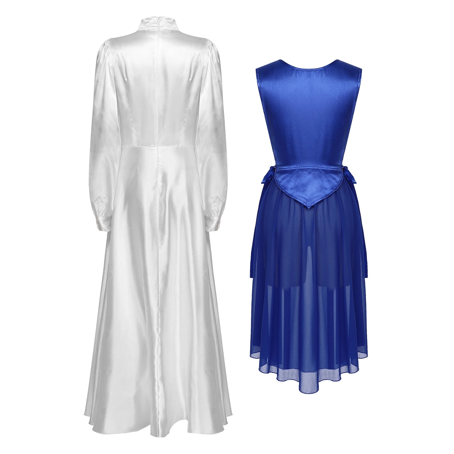 Women Liturgical Dance Choir Performance Costume Round Neck Sleeveless Lace-up Sides Split Satin Tunic Church Worship Dress Gown