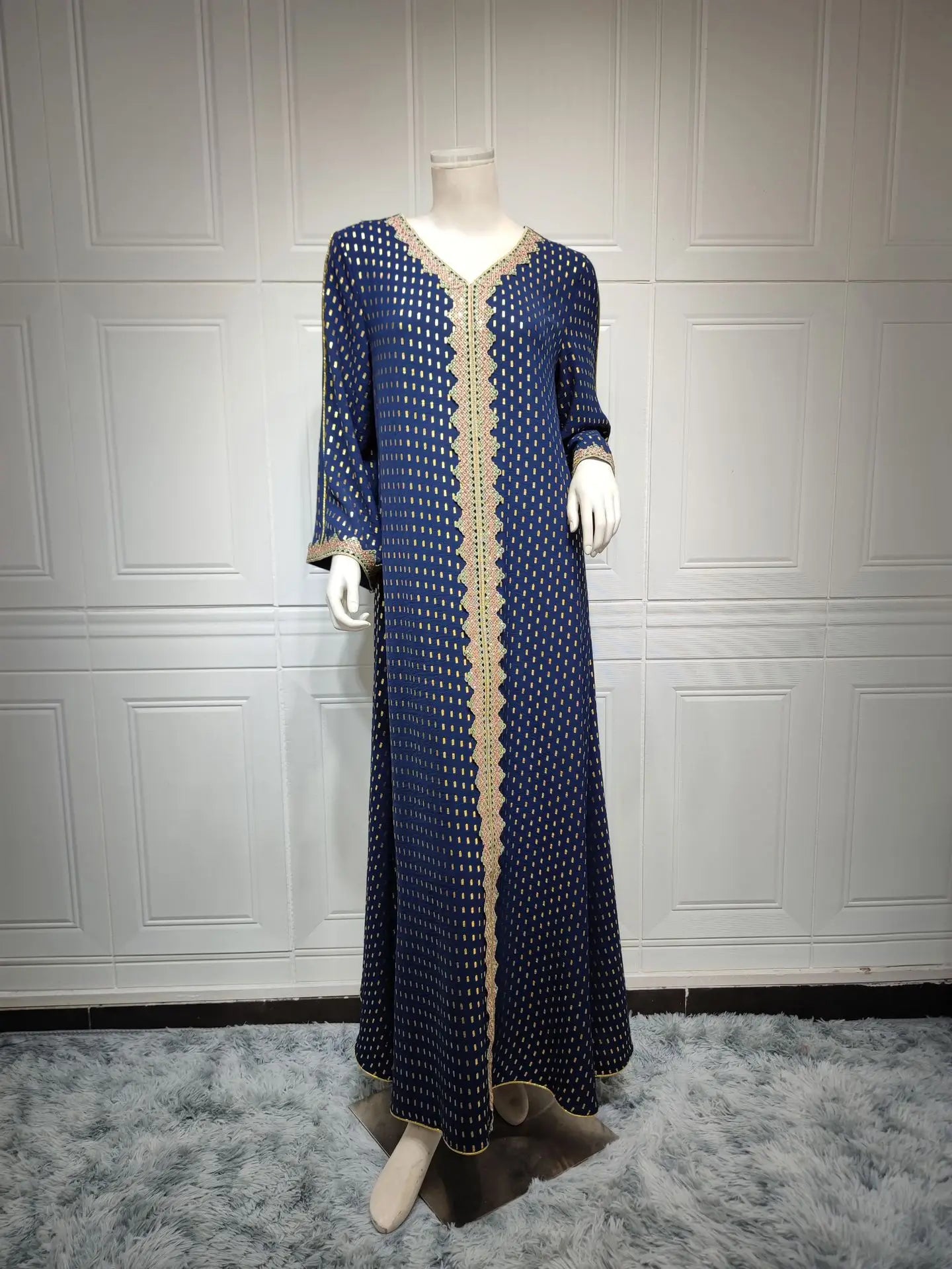 Modest Muslim Maxi Dress For Women Spring 2025 Lace Tape Trim V Neck Long Sleeve Loose Arab Oman Dubai Gold Stamping Robe Pink