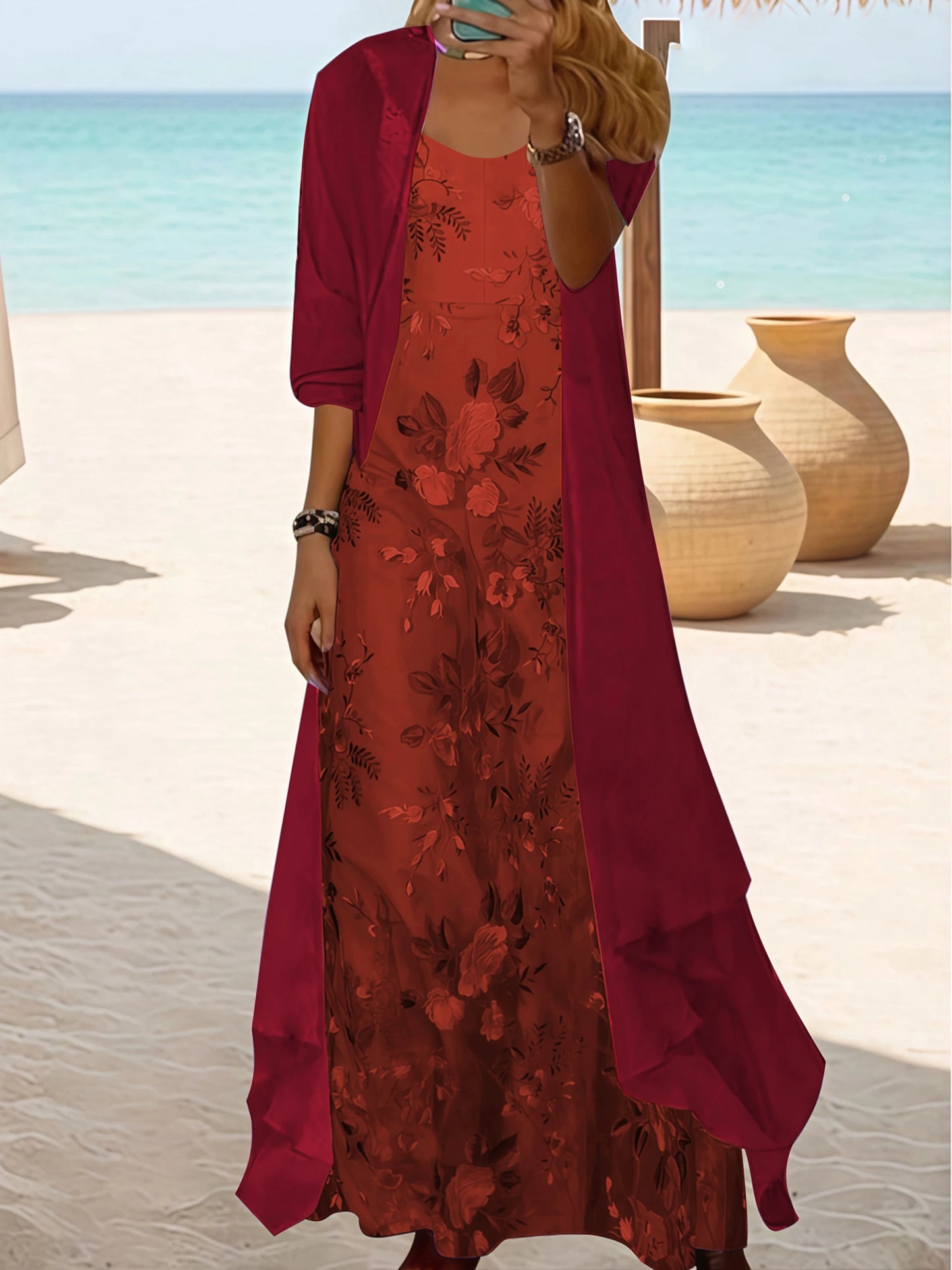 Plus Size Floral Print Maxi Dress with Sheer Cover, Bohemian V-Neck Two Piece Set