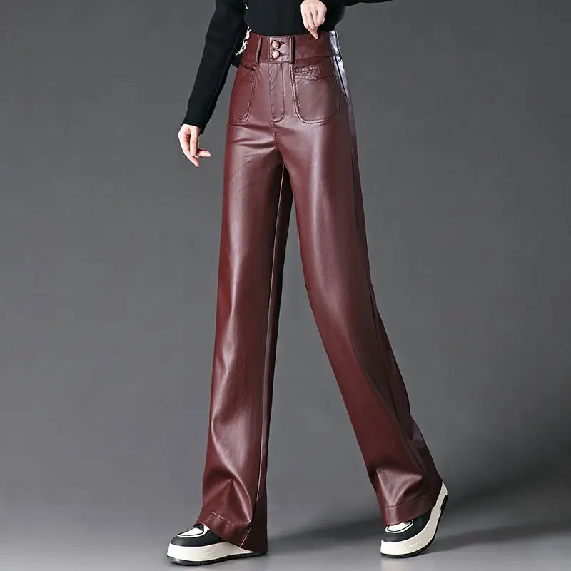 Black Red Leather Pants For Women Casual PU Leather Pants Women's Pants High-Waisted Straight Wide Leg Pants Autumn Winter