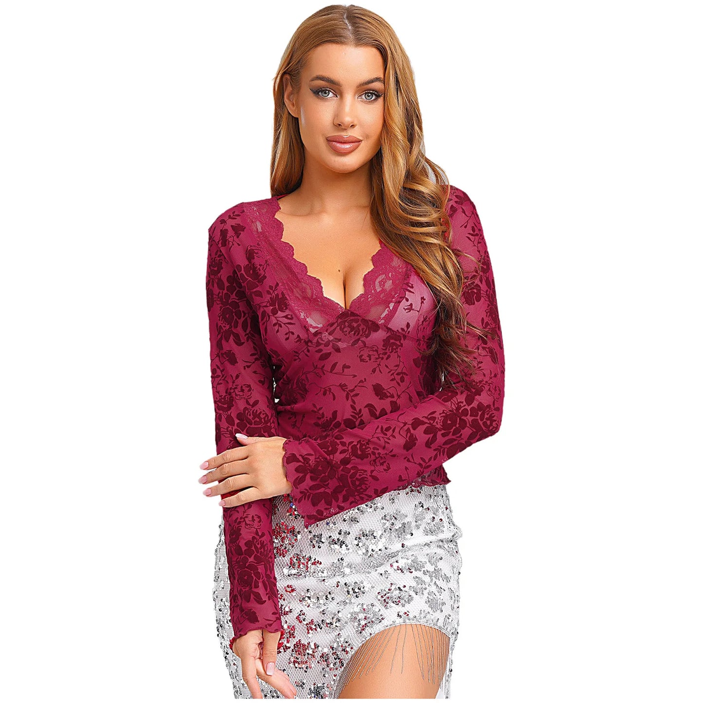 Womens Sheer Mesh Floral Crop T-shirt Tops Long Flared Sleeve V Neck Lace Trim Blouses Velvet Flocked Slim-fit Blouses Tops