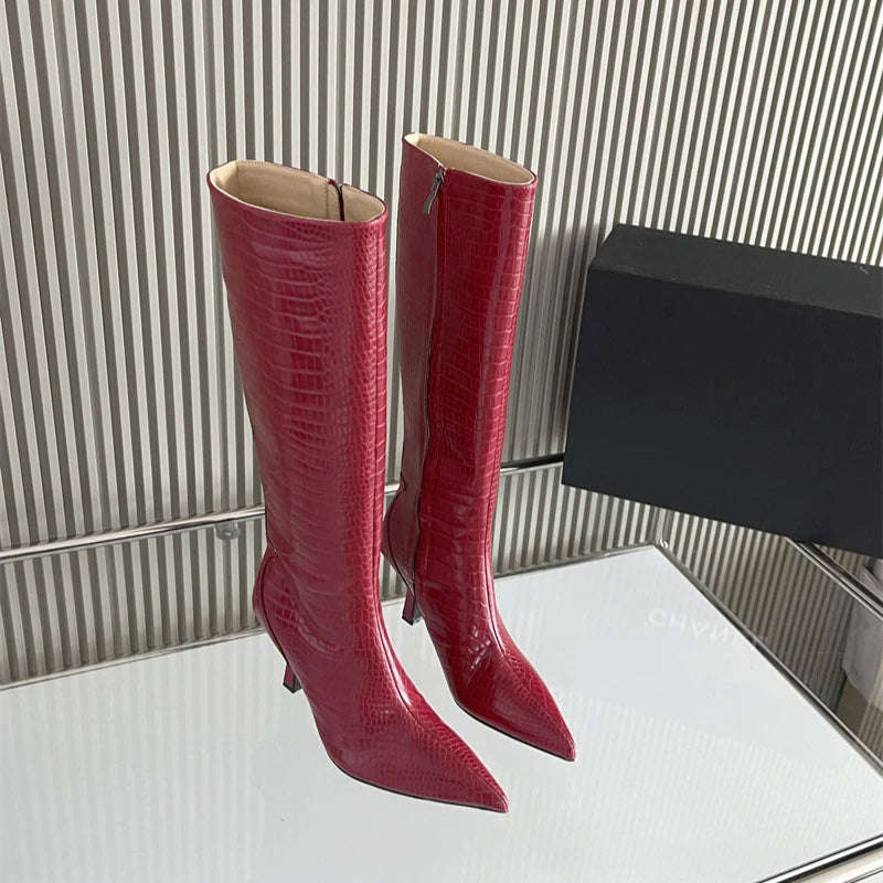 New Mixed Color Snake Patterned Side Zipper Knee High Boots Autumn Winter European American Fashion Pointed High-heel Long Boots
