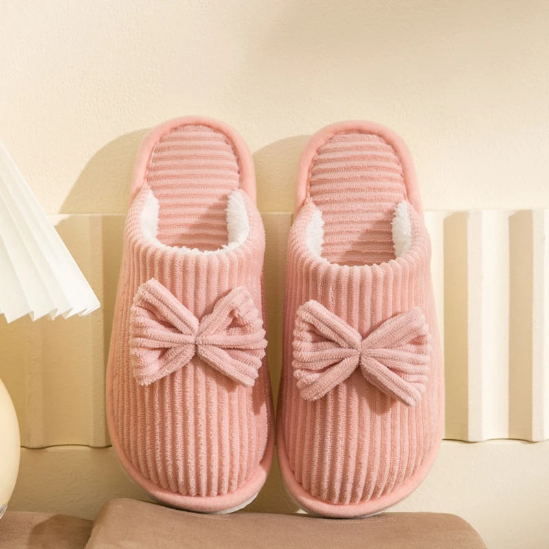 Women’s Bowknot Plush Slippers – Cozy Indoor Fleece Slides