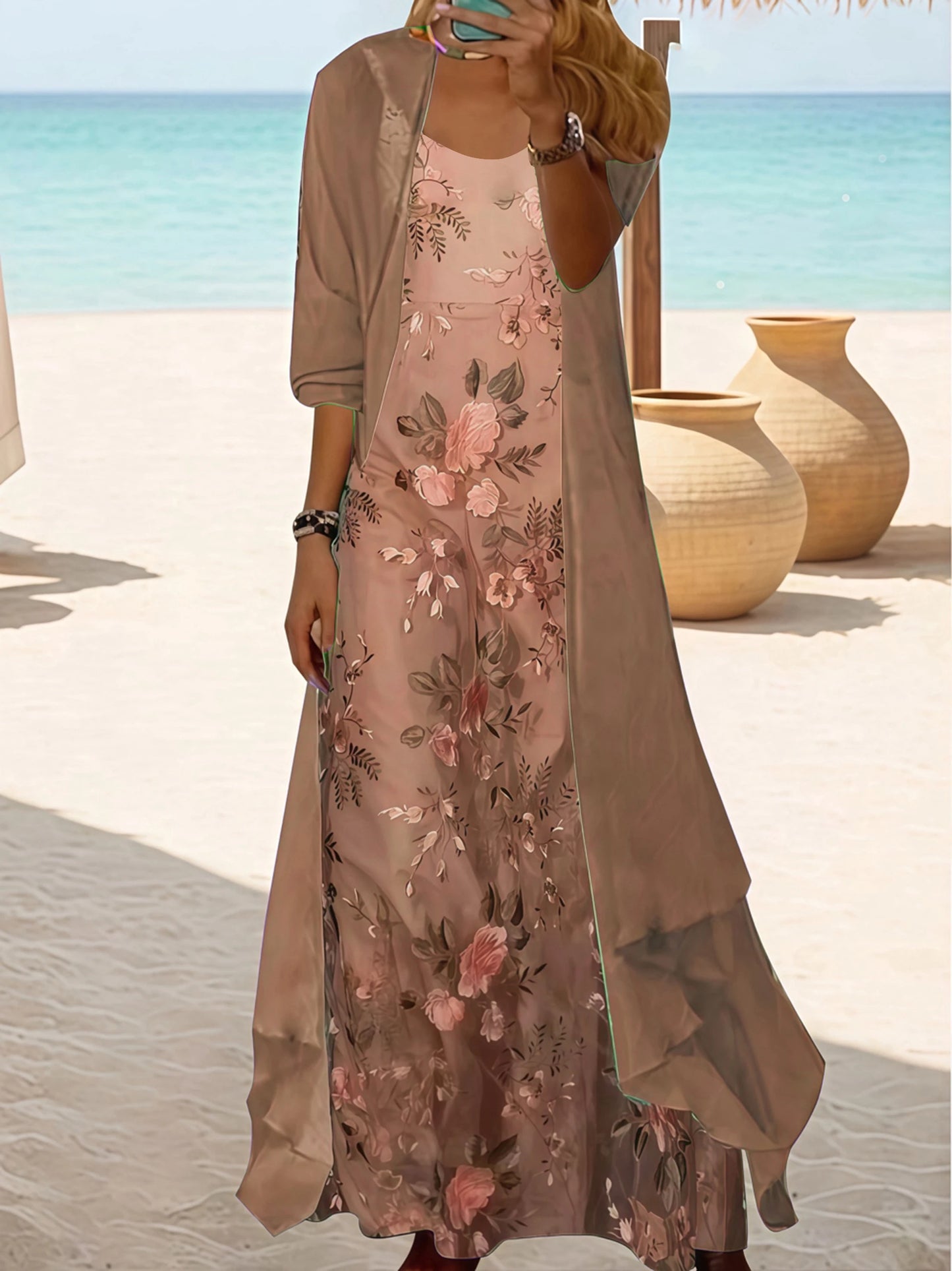 Plus Size Floral Print Maxi Dress with Sheer Cover, Bohemian V-Neck Two Piece Set