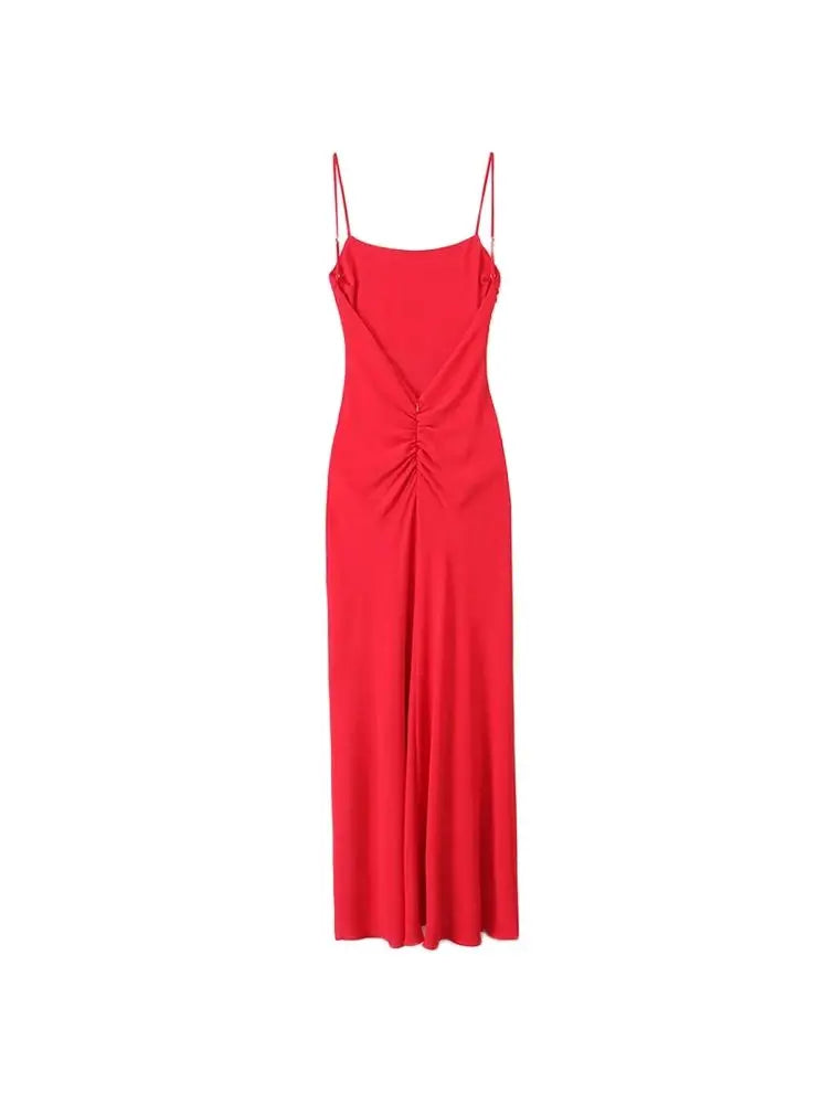 Draped Midi Dress for Women, Straight Neck, Thin Straps, Backless Female Dresses, Chic Fashion