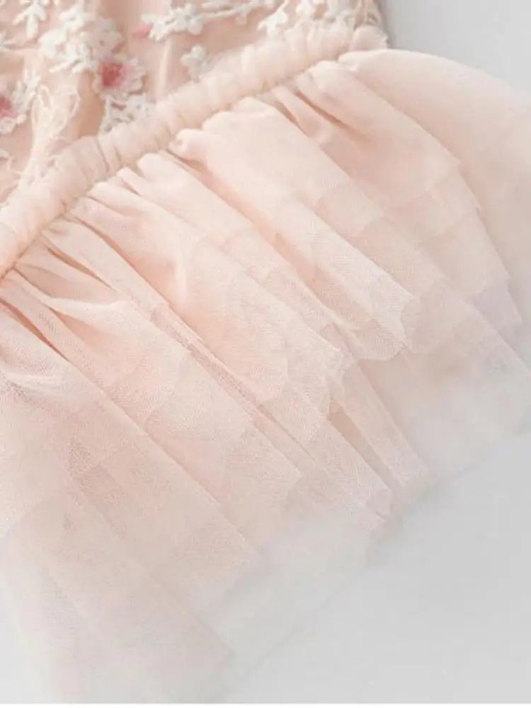 Embroidered Floral Flying Sleeve Lady Dress 2025 Summer O-Neck Elastic Waist Ruffles Mesh Women's Long Dresses