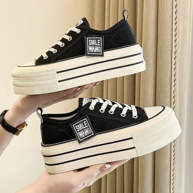 Women Black White Canvas Shoes Platform Sneakers Lace Up Comfortable Shoes Fashion Outdoor Versatile Sport Vulcanize Shoes