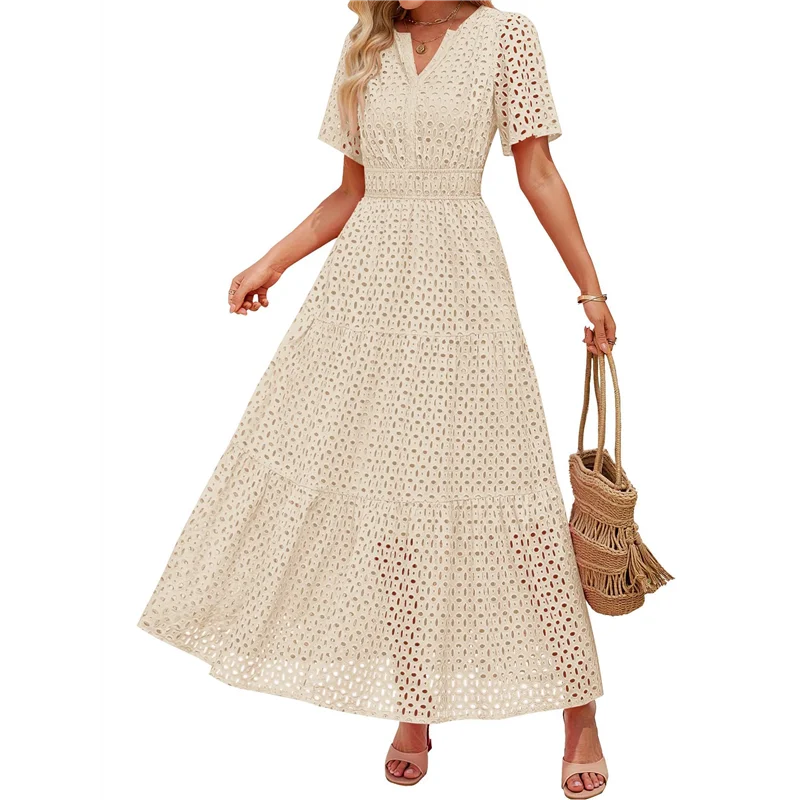 ASDS-Women's Summer Short Sleeve Maxi Dress Casual V Neck Hollow Out Eyelet Ruffle Swing A Line Long Dresses