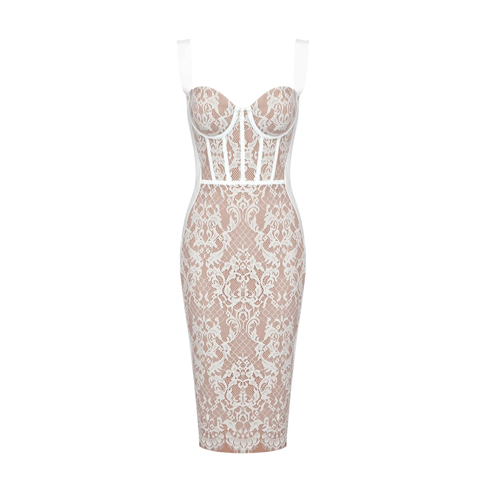 VC Midi Dresses For Women Chic And Elegant Square Collar Sleeveless Lace Patchwork Bandage Cocktail Party Vestidos