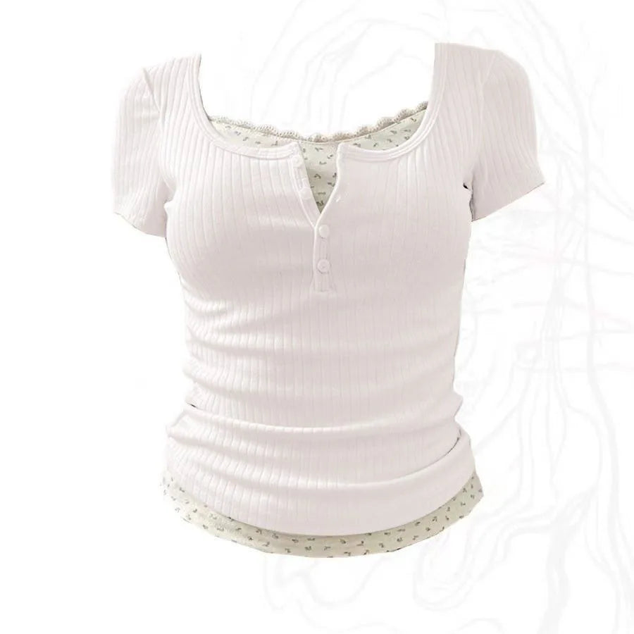 Floral Patchwork Long Sleeve T-shirt False Two-piece Lace Women Top 2025 Spring Slimming T-shirt Fashion Korean Style Clothing