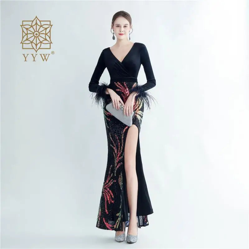 Black Dress For Women 2023 Deep V Autumn Winter Formal Evening Mermaid Long Sleeve Feather Maxi Cocktail Vestidos Celebrity Gown