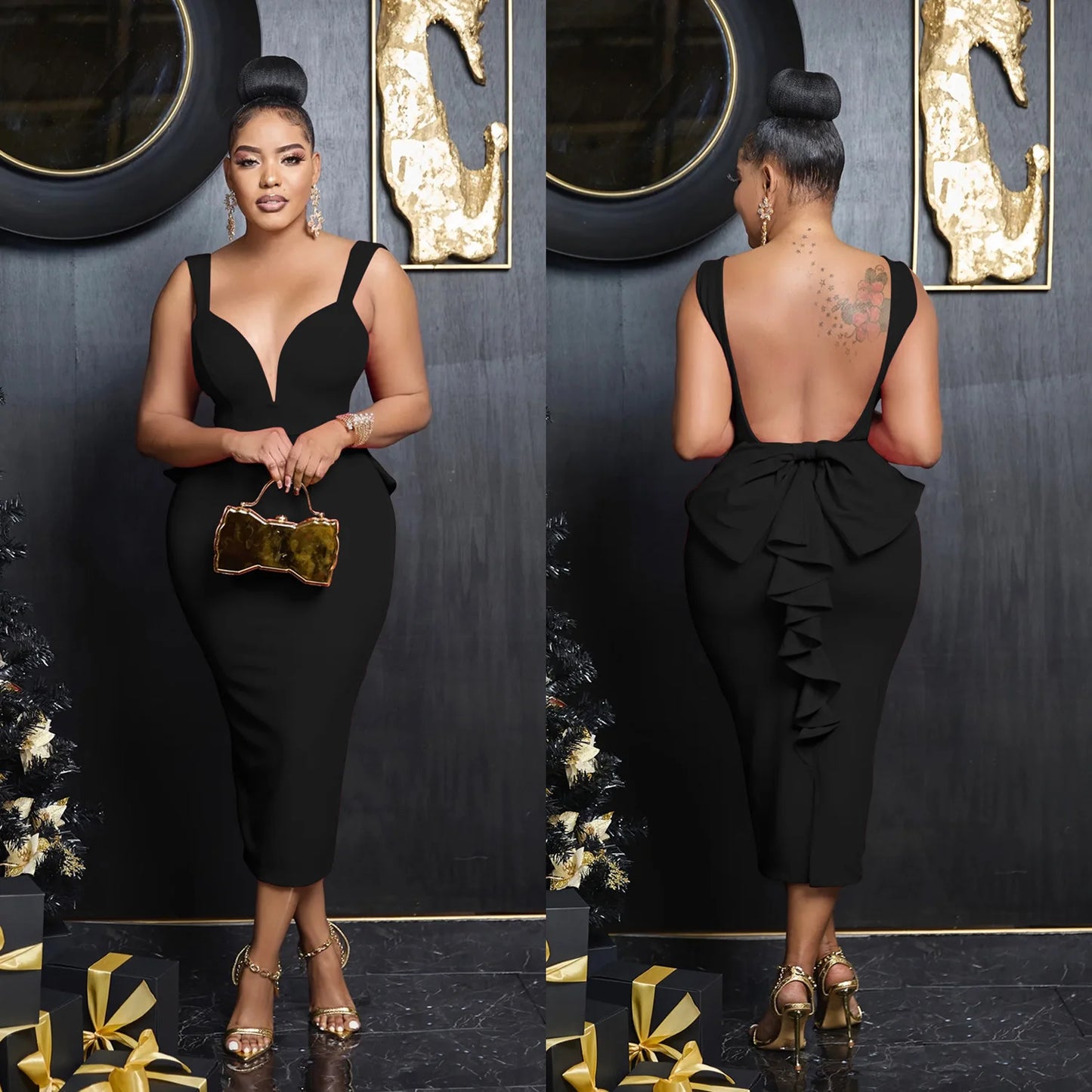 Hot Midi Dresses Summer Deep V Neck Bowtie Backless Long Wedding Party Female Dress Sexy Skinny Night Club Outfits Woman Clothes