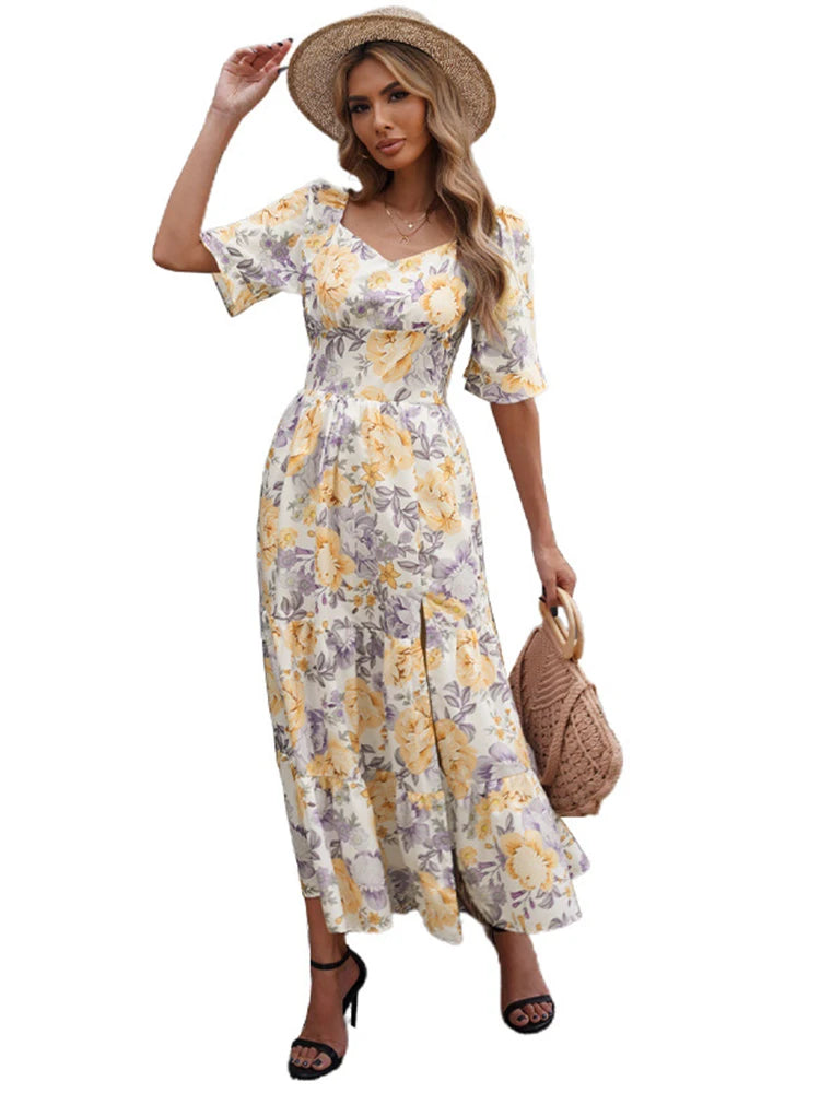Summer Floral Lace Dress Women Elegant Party White Maxi Dress V Neck Wedding Long Dress Short Sleeve Hollow Out Woman Dress
