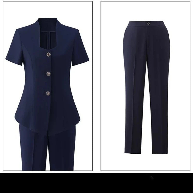Women's Professional Suit Set for Summer Short-Sleeve Formal Work Suit with Long Pants Beauty Salon & Hotel Front Desk
