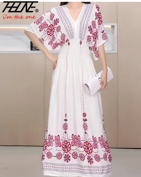 THHONE Vestidos De Mujer Casuales Dress Women Maxi Long Boho New Vacation Indian Robe Femmes Casual Floral V Neck Elastic Cotton