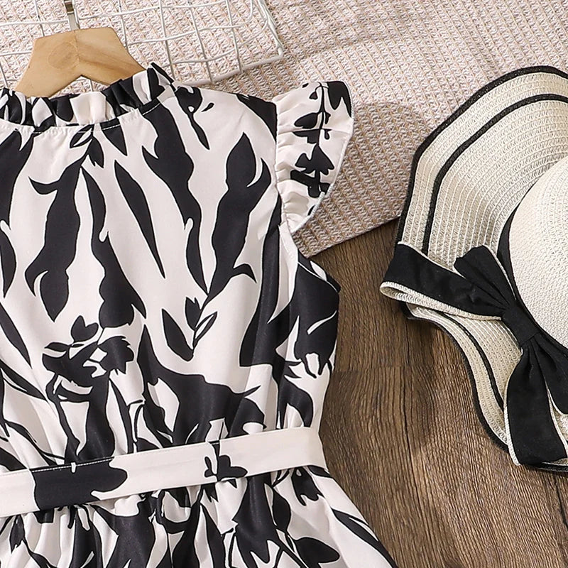 Modest Girls Dress White Printed Belted Wing-Sleeve Maxi Dress Elegnat Vintage Style Kids Dress Communion Festival Banquet