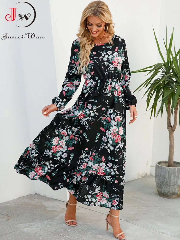 Elegant Floral Print Women Dress Spring Summer Casual O Neck Long Sleeve Chiffon A Line Long Maxi Dress Party Vestidos