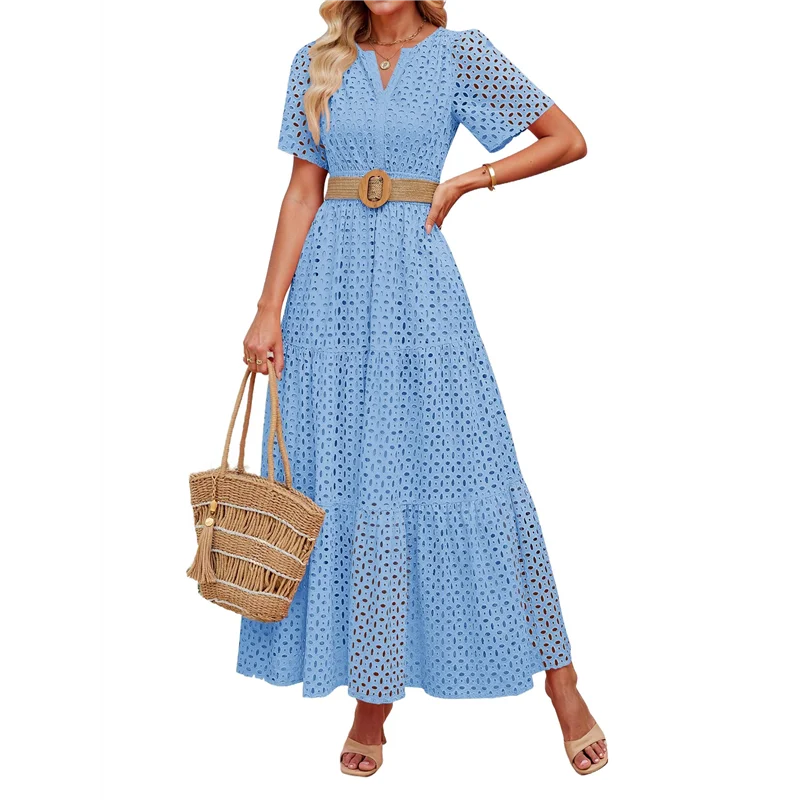 ASDS-Women's Summer Short Sleeve Maxi Dress Casual V Neck Hollow Out Eyelet Ruffle Swing A Line Long Dresses