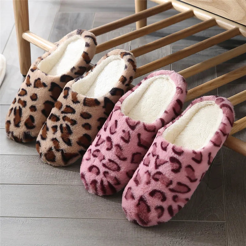 Indoor Bedroom Women Men Couples Floor Shoes Winter Household Fur Slippers Leopard Print Non-Slip Soft Warm House Slides
