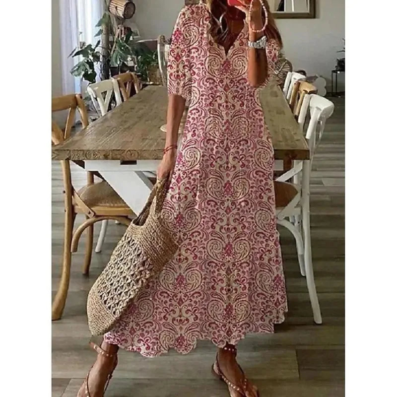 Elegant Boho Floral Print Beach Long Dresses For Women Fashion RufflesV-neck Short Sleeve Casual Sweet Loose Maxi Dress