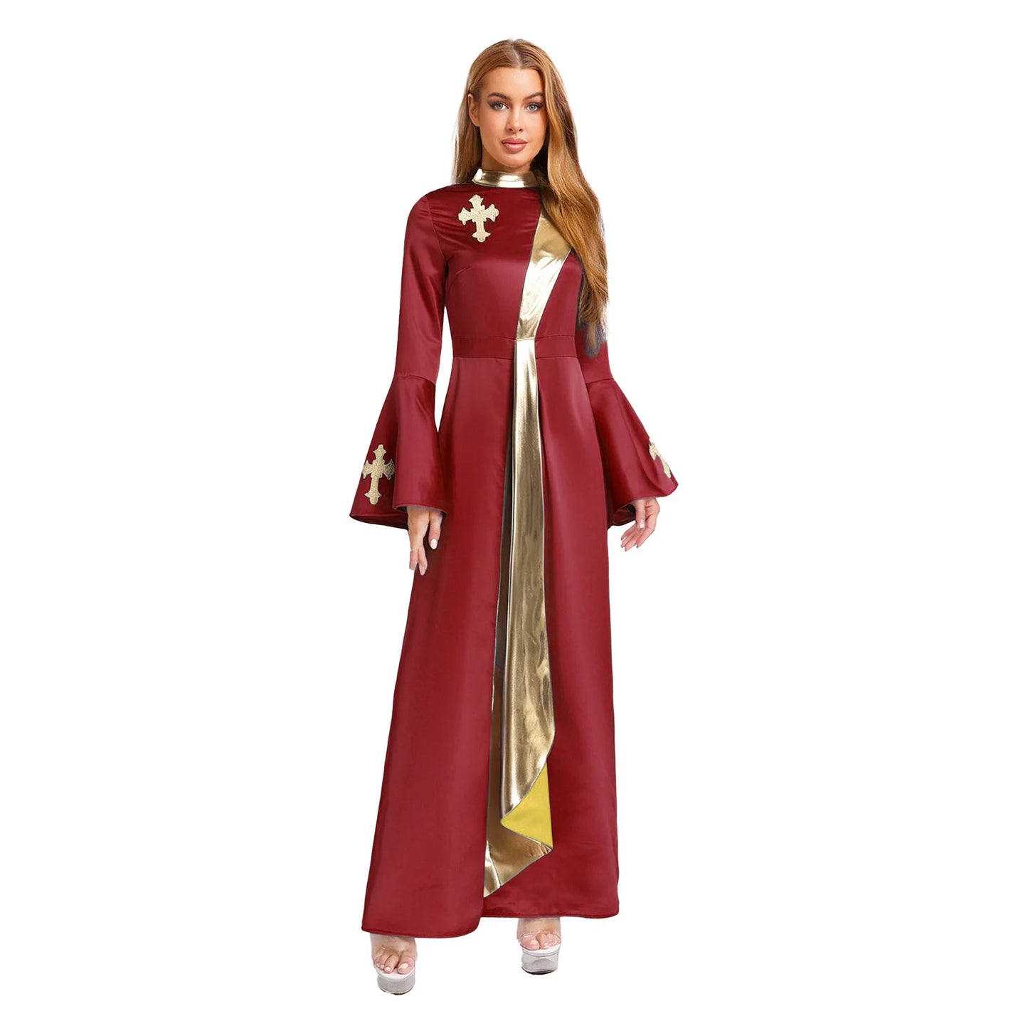 Womens Metallic Shiny Church Priest Clergy Robe Tunic Dress Long Sleeve with Flared Cuffs Cassock Halloween Cosplay Costume