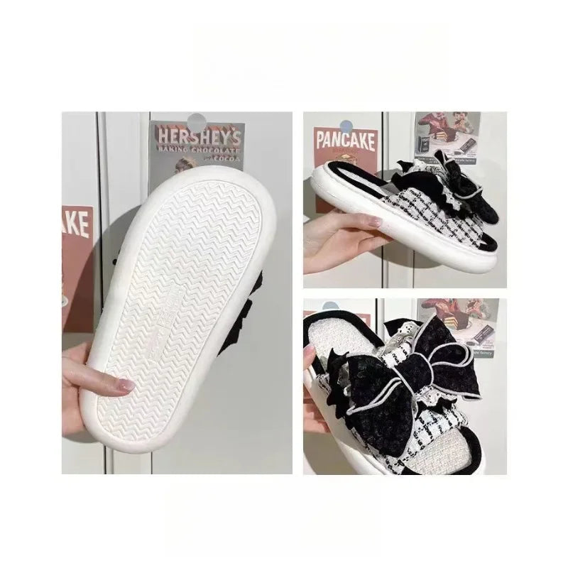 Summer Women's Linen Slippers Indoor Home Non-slip Shoes Cute Platform Sandals Fashionable Black Bow Shoes Soft and Comfortable