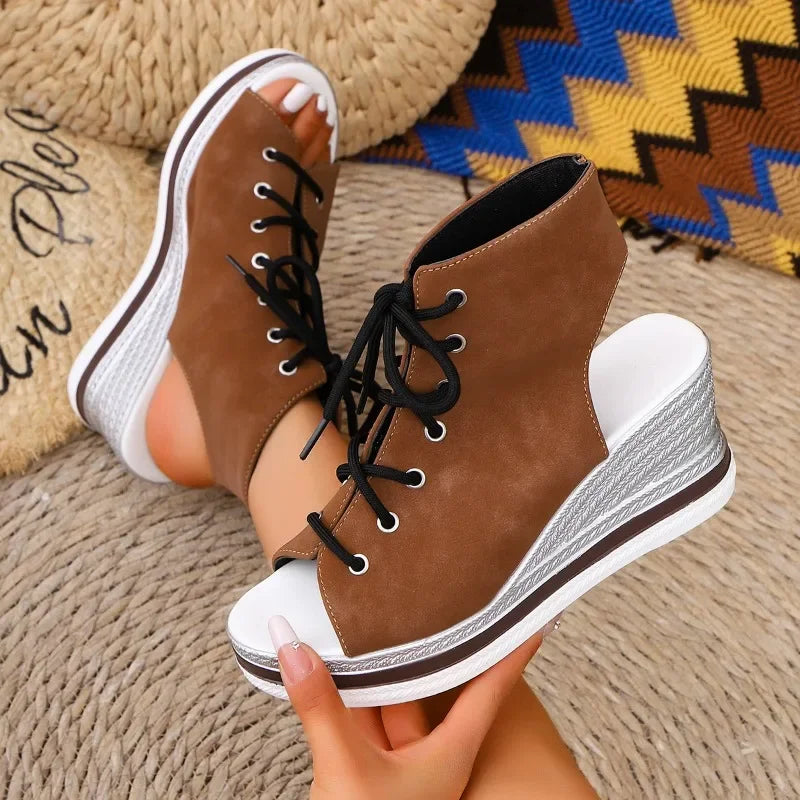Wedge Sandals Women Summer New Round Toe Open Toe Front Strappy Platform Non-Slip Wear-Resistant Back Empty Heels Shoes