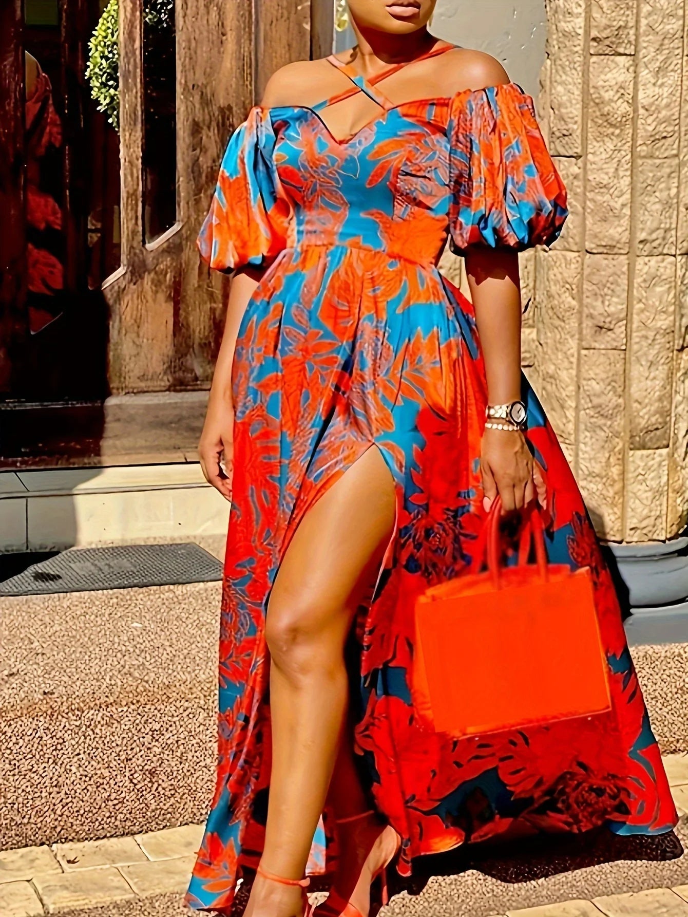 Women's Statement Floral Halter-Neck Side-Slit Short-Sleeve Maxi Dress