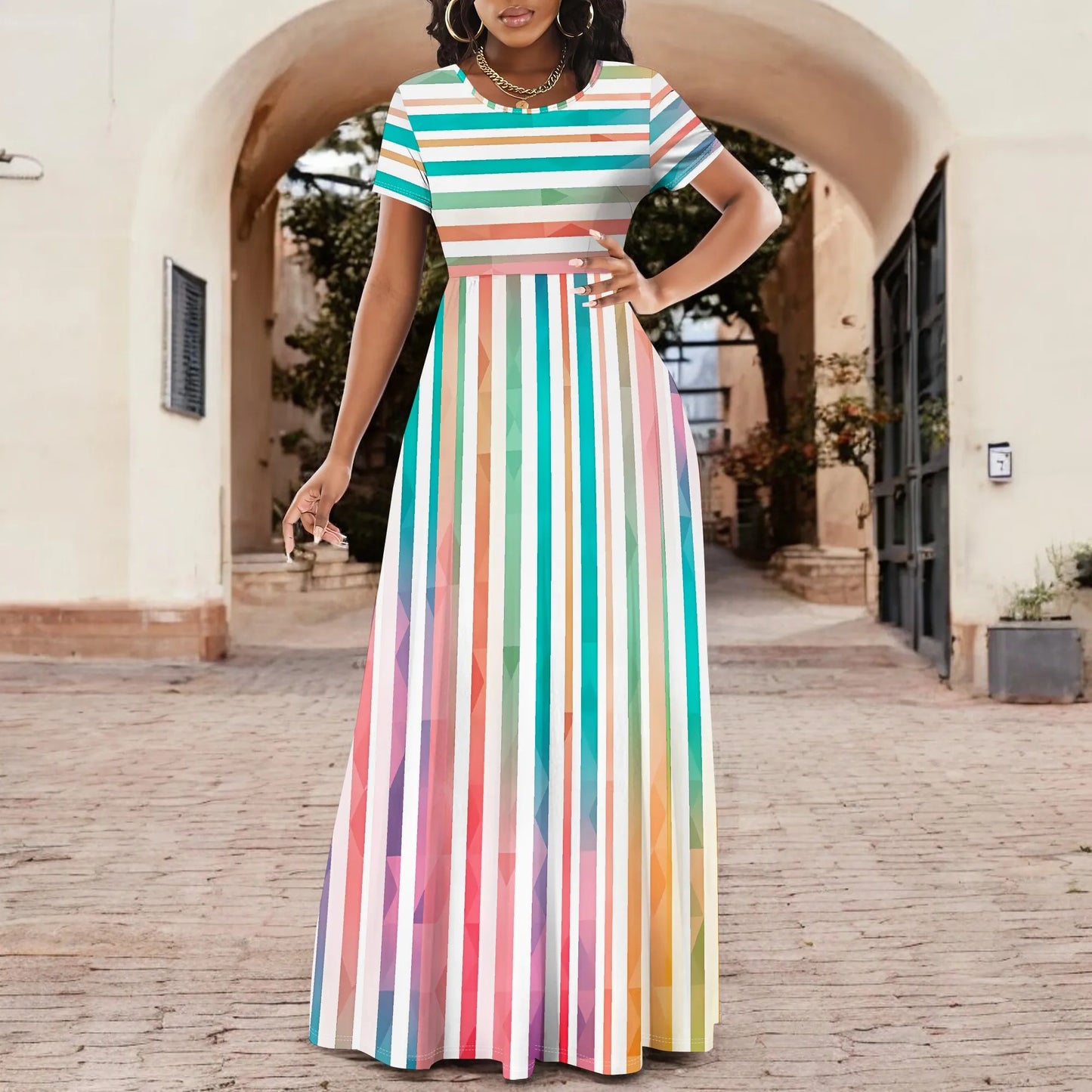 Striped Geometric Colorful Maxi Dress Elegant Casual Round Neck Long Dress