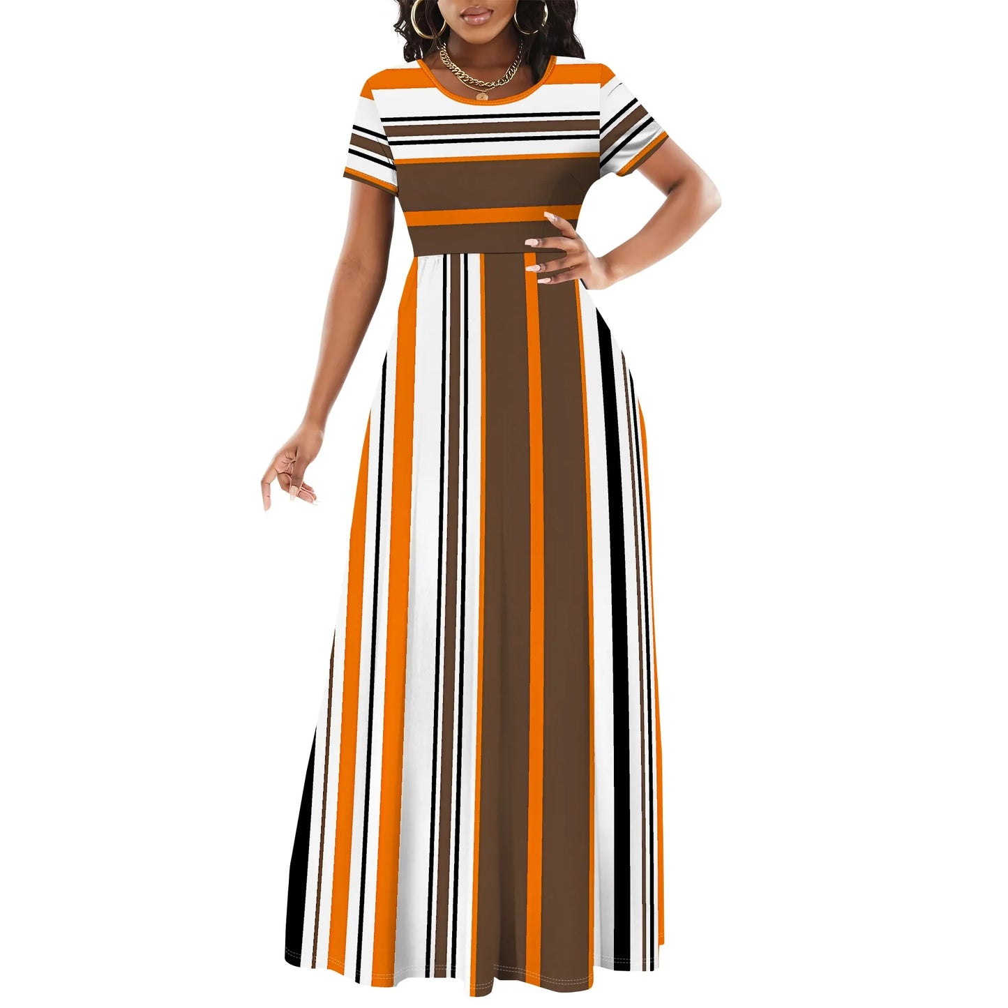 Striped Geometric Colorful Maxi Dress Elegant Casual Round Neck Long Dress