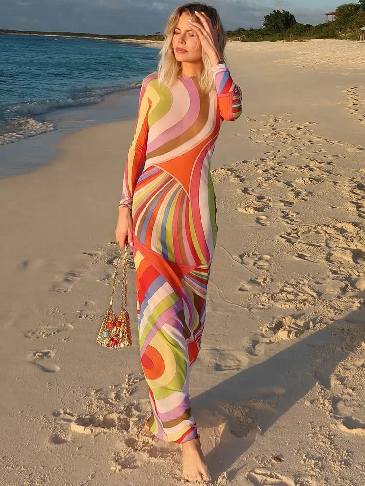 Elegant Striped Print Sexy Maxi Dress For Women Mesh See Through Patchwork Long Sleeve Beach Club Party Long Dresses