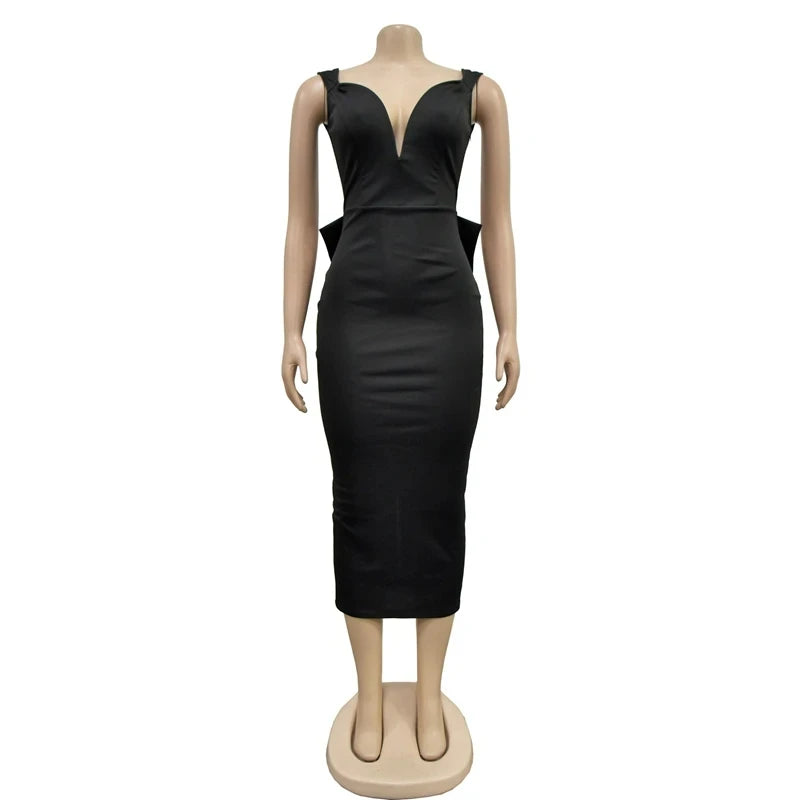 Hot Midi Dresses Summer Deep V Neck Bowtie Backless Long Wedding Party Female Dress Sexy Skinny Night Club Outfits Woman Clothes