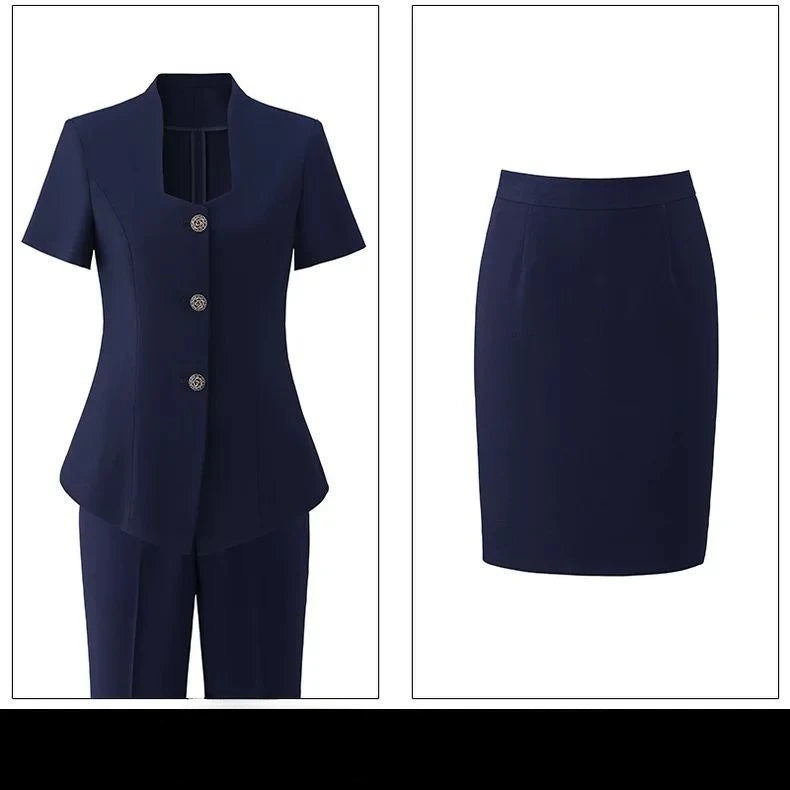 Women's Professional Suit Set for Summer Short-Sleeve Formal Work Suit with Long Pants Beauty Salon & Hotel Front Desk