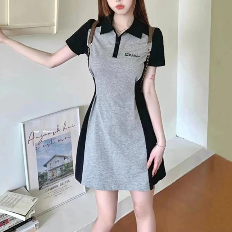 Midi Female Dresses 2024 Splicing Grey Clothing Women's Dress Short Mini Trendy Cheap Casual Offer Elegant Hot Cotton Sale Y2k