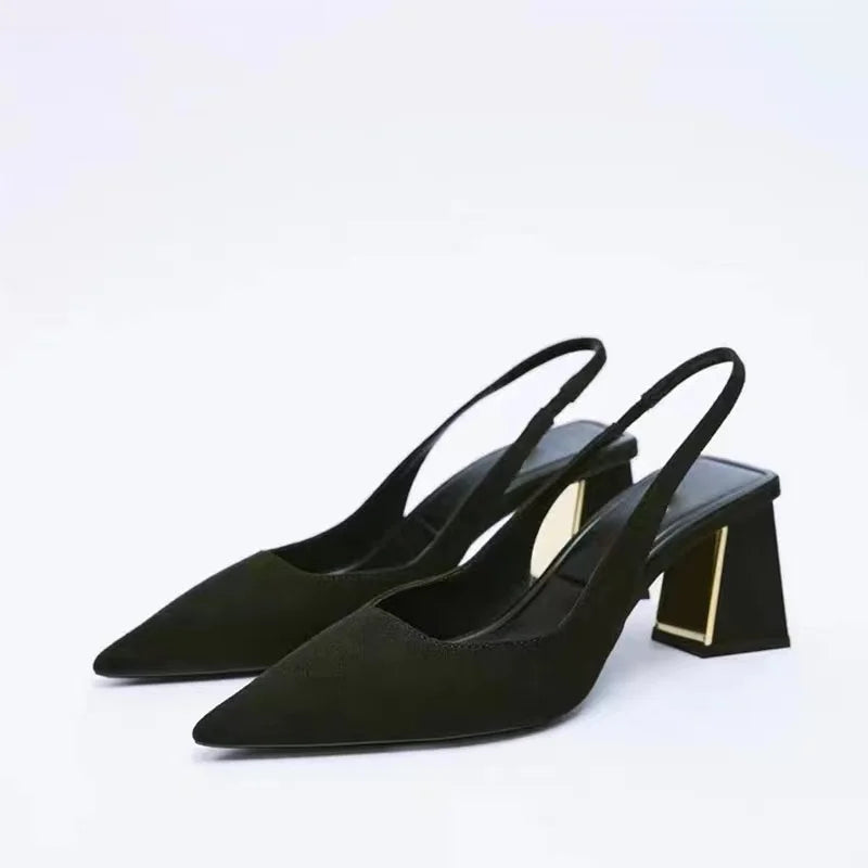 Fashion Block Heel Slingbacks Women 2023 Fall Pointed Toe Pumps Elegant Office Ladies High Heels Women's Comfortable Sandals